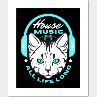 HOUSE MUSIC  - Headphone Cat (Blue) Posters and Art